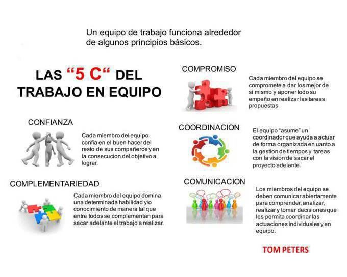 Las 5 C  de Tom Peters  de los  equipos de alto rendimiento 

1. Comunicación
2. Coordinación
3. Complementariedad
4. Confianza
5. Compromiso