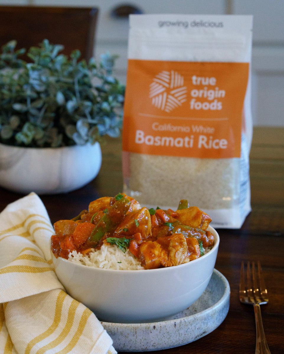 We cooked up something warm, fragrant with a bit of curry. A favorite quick dinner - True Origin Foods California White Basmati Rice, chicken, vegetables and a simple curry sauce. Everything is tastier when you start with something grown for flavor. #growingdelicious