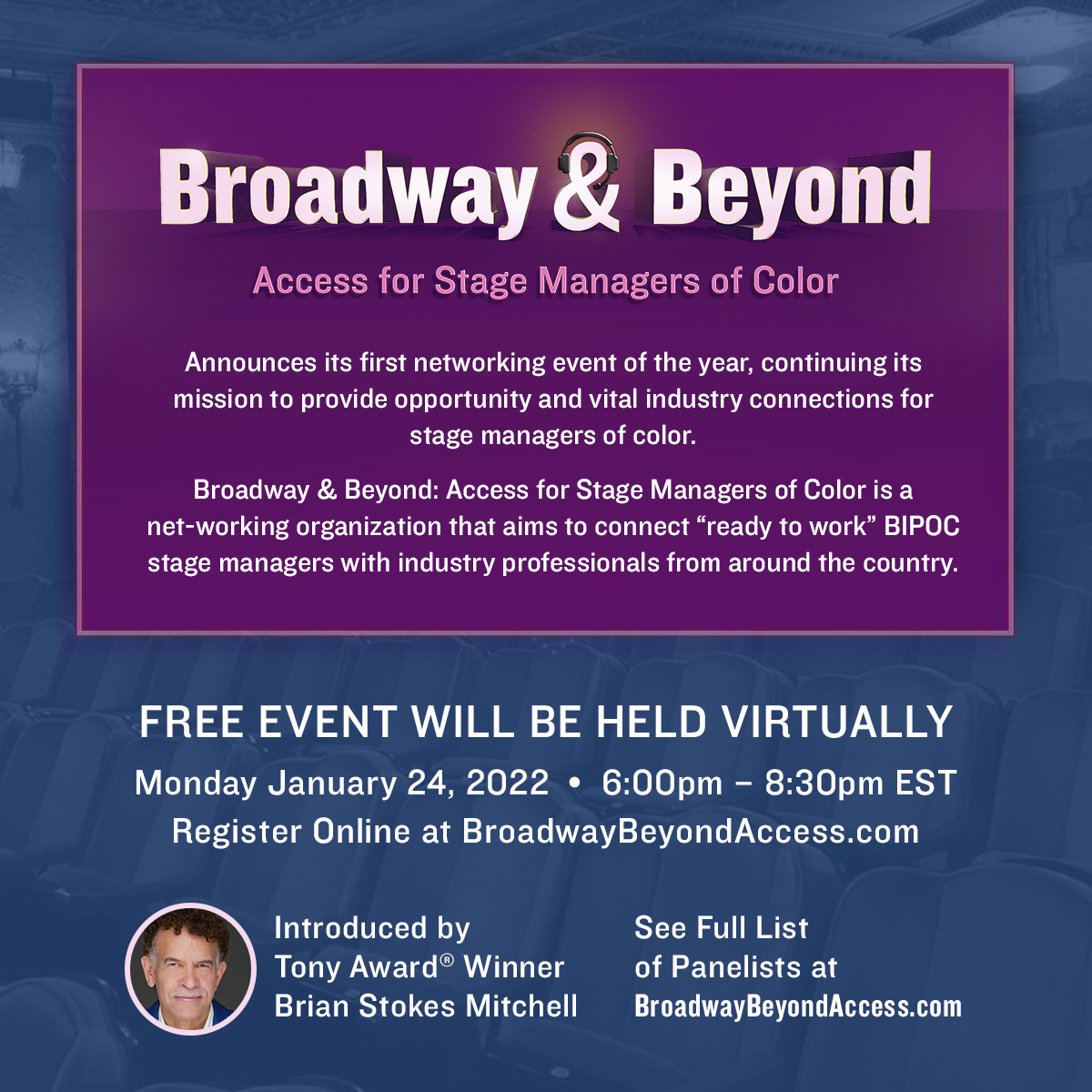 BLKTheatreUnite's tweet photo. Stage Managers of Color #freevirtualevent with special guest BTU founding member @bstokesmitchell
1/24/22 6p-8:30p EST. Be sure to register here: https://t.co/1XNiPuAOt9 https://t.co/60A8X1F62Q