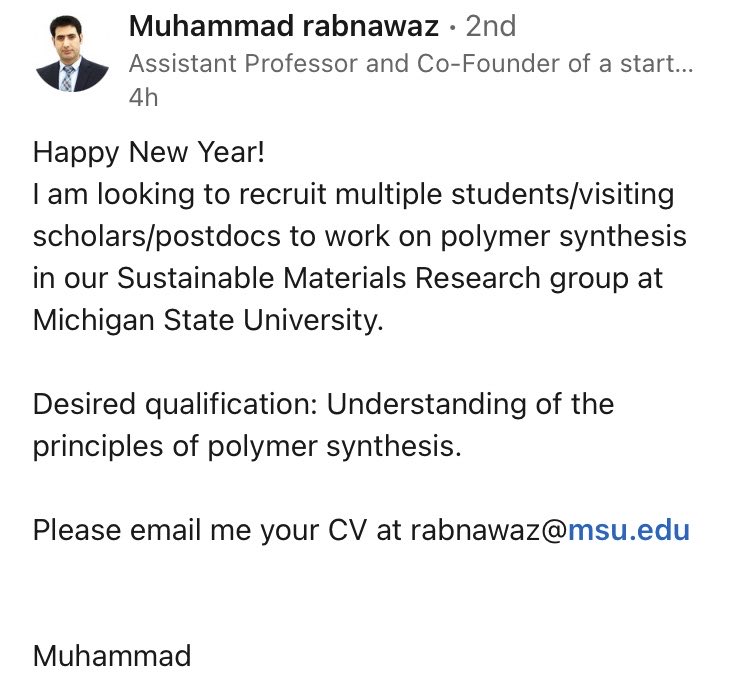 AdmCrafters's tweet image. Awesome Opportunity to gain research exposure, for undergraduate and graduate students. @michiganstateu #AcademicChatter #polymersynthesis #sustainabledevelopment #chemistry #agriculture 

canr.msu.edu/rabnawaz/index