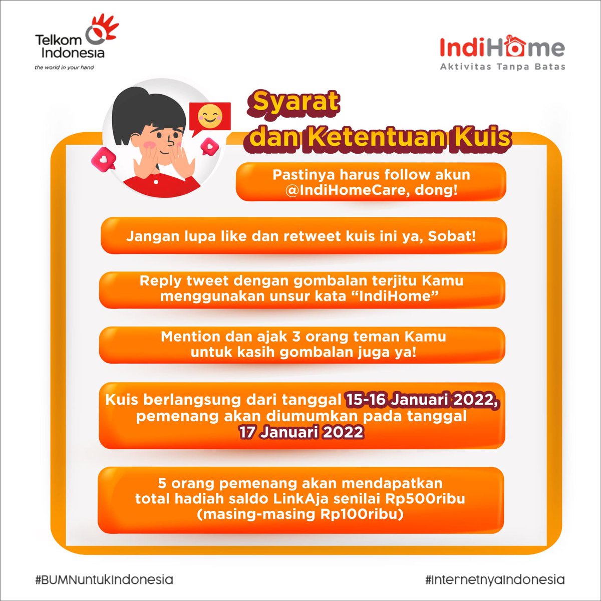 Selamat berakhir pekan, Sobat! 

Mana nih Sobat yang jago gombal? Yuk, kasih gombalan maut kamu buat Mimin dengan menggunakan kata “IndiHome”!

Gombalan terbaik akan mendapatkan total hadiah Rp500ribu, loh!🤩