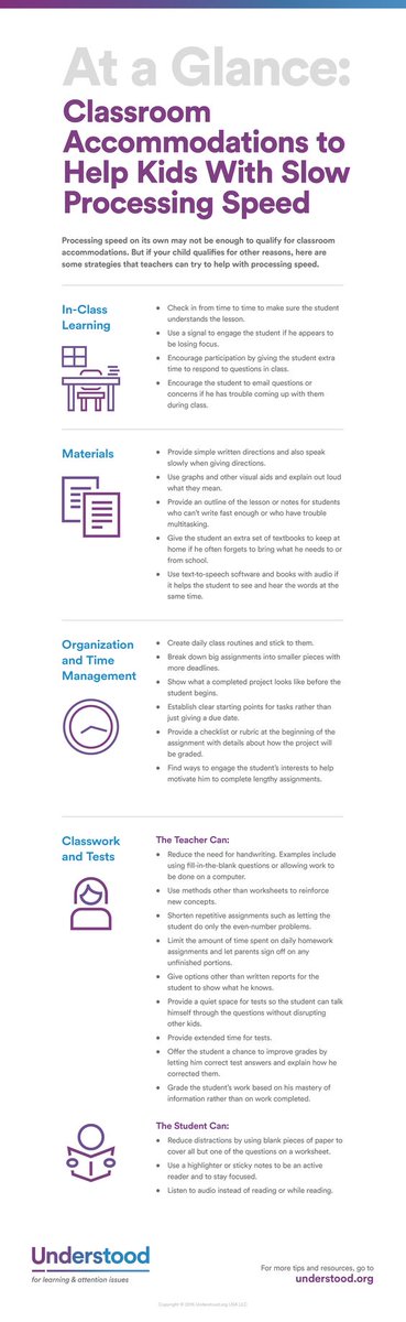 ONTSpecialNeeds's tweet image. Classroom accommodations to help kids with slow processing speed: