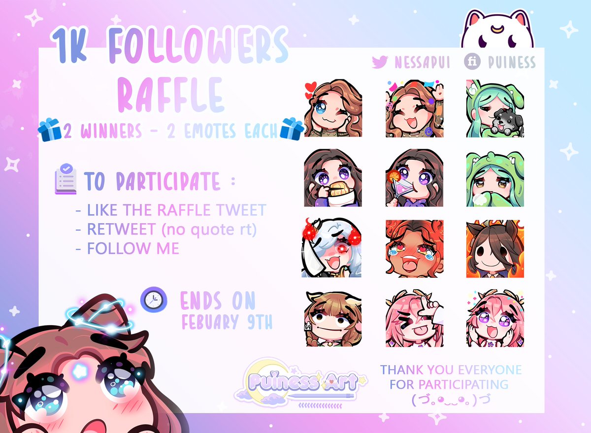 ✨IT IS TIME!! thank you everyone for the 1k follows 💜i love you ALL <3

💜Like the raffle tweet
💙Retweet (NO quote RT)
💚Drop a follow 

⏳ENDS ON FEB 9TH 

GOOD LUCK EVERYONE 💙💙💙

- i'll be finishing a couple of commissions by tuesday <3