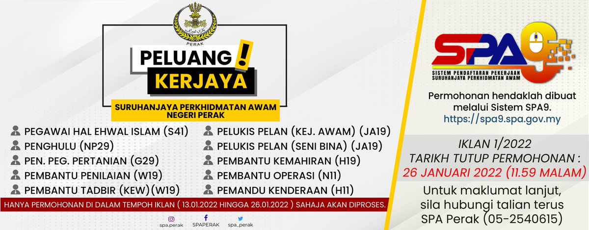 PediRishah's tweet photo. Jawatan kosong Suruhanjaya Perkhidmatan Awam Negeri Perak 

Permohonan di dalam tempoh iklan (13.01.2022 hingga 26.01.2022) sahaja akan diproses. https://t.co/8KxB3MZM6k