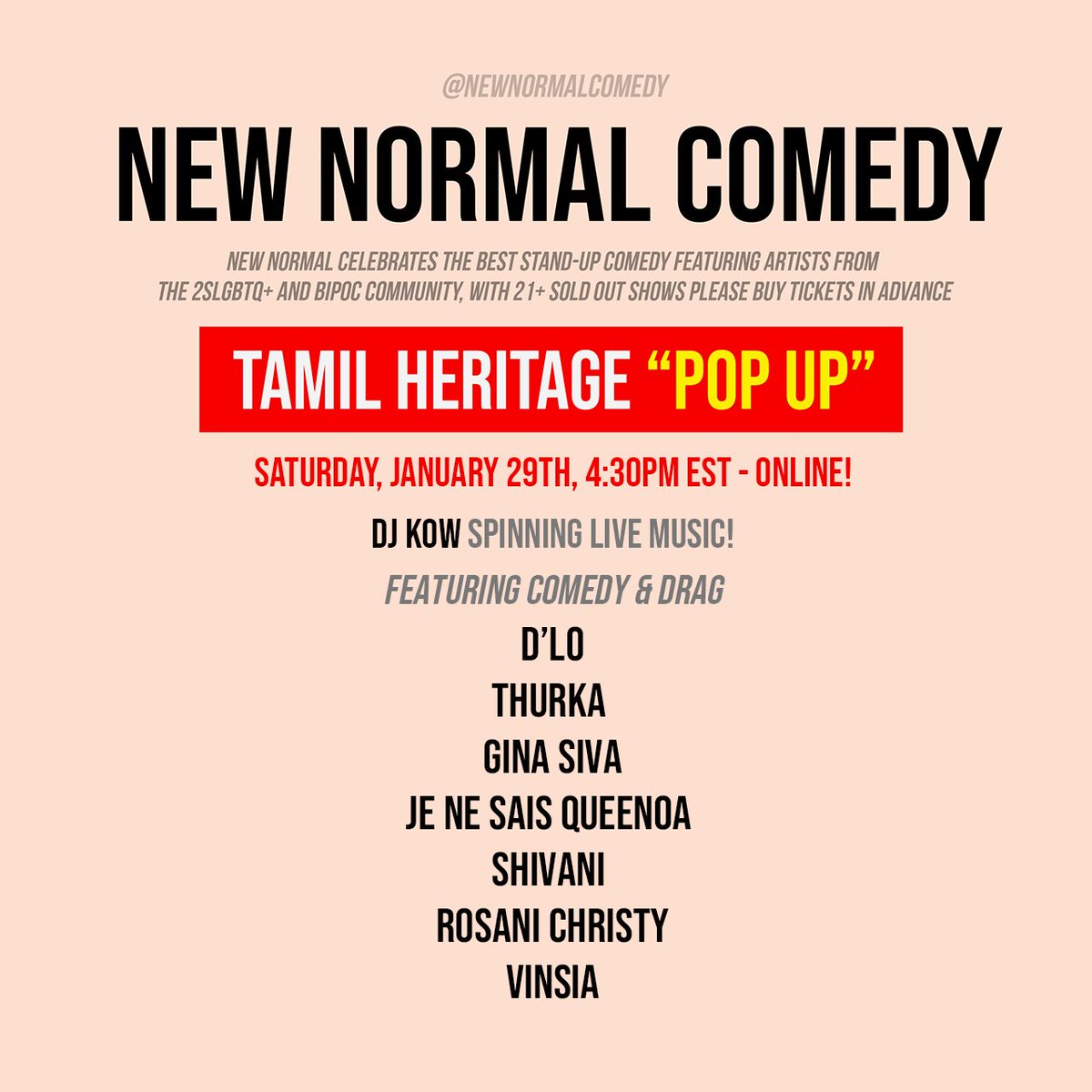 Thurka's tweet photo. In celebrating #TamilHeritageMonth in January, @newnormalcomedy recognizes over 200,000+ Tamil settlers who call Canada home. INVITE "sonthakarar" across time zones because our first THM show tonight was deliciously outstanding. Buy tix here:

https://t.co/T1uNWNXAX8 https://t.co/WyOQUzgAqk