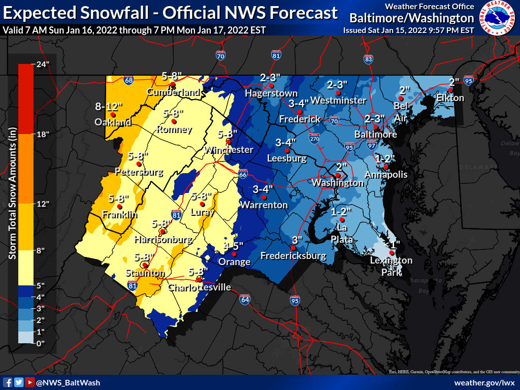 ReadyFairfax's tweet photo. [1/15 at 10:40 PM] A Winter Weather Advisory will be in effect tomorrow at 1 PM. The county is expected to see 2-3 inches of snow in addition to some possible ice and rain. Snow should start between 1-3 PM. Plan to limit travel tomorrow afternoon and night. #FFXSnow #VaWx https://t.co/iqzhH22IkF