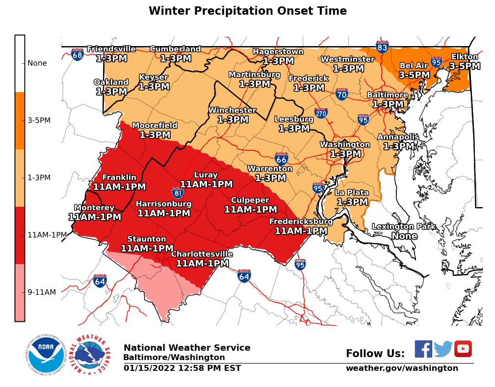 ReadyFairfax's tweet photo. [1/15 at 10:40 PM] A Winter Weather Advisory will be in effect tomorrow at 1 PM. The county is expected to see 2-3 inches of snow in addition to some possible ice and rain. Snow should start between 1-3 PM. Plan to limit travel tomorrow afternoon and night. #FFXSnow #VaWx https://t.co/iqzhH22IkF