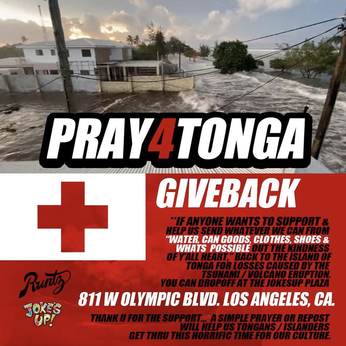 JTNOBODYMOVE's tweet photo. Although we can’t physically be in Tonga to assist during this difficult time. Runtz/JokesUp has decided to put together a “GIVEBACK 4 TONGA.” A repost will help us Tongans/Islanders get thru this horrific time for our culture. 🇹🇴🙏#Pray4Tonga #RuntGvng #JokesUpEnt #WeAllWeGot https://t.co/5edR5f4MnG