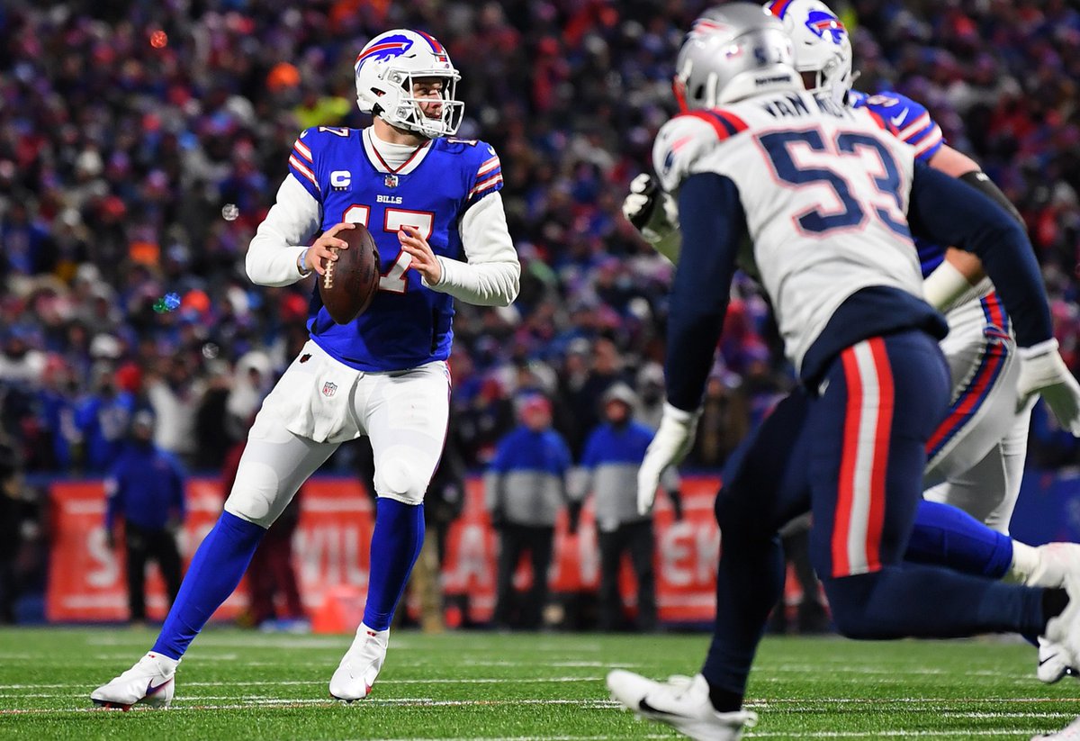 pfref's tweet photo. Josh Allen is the first QB in our database to have a playoff game with 300+ passing yards, 5+ passing TDs, and 60+ rushing yards https://t.co/pWZOc01aqB