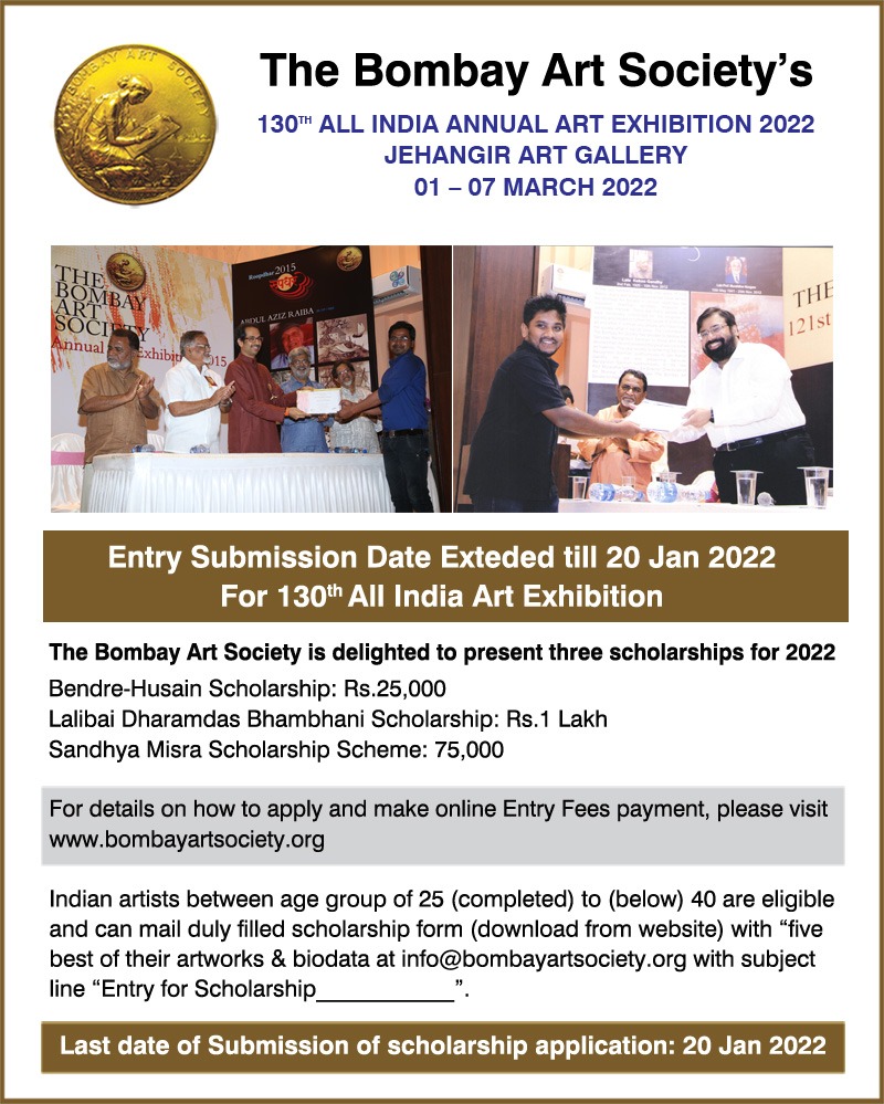 BombayArtSoc's tweet photo. Date of Entry extended till 20 Jan 2022 for submission entries to the Bombay Art Society's scholarships and All India Annual Art Exhibition.Please visit https://t.co/ItotxUnsrl for details and online payment of entry fees.
#bombayartsociety #BASgalleries #annualartexhibition https://t.co/n0oUn3Xpto