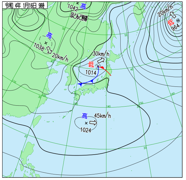 Winter_Monsoon's tweet photo. 【1月16日概況】1056hPaなう。日本海を低気圧が進み、ジパング付近は暖気移流場じゃ。寒冷前線が通過して明日夜以降、まとまった軍勢で侵攻することができそうじゃ！北陸地方では、山沿いのみならず、平地でもまとまった降雪となる恐れがあるとのこと、注意が呼びかけられておるぞい。 https://t.co/oQ0kHYIxjC