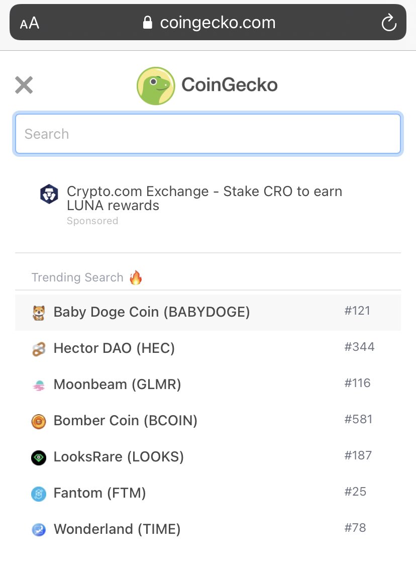 Much wow ranked #121 on CoinGecko.com &amp; also trending #1 in search! 

#BabyDoge 

🔝 100 🔜 ?