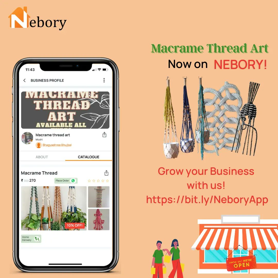 NeboryApp's tweet photo. NEBORY provides an excellent opportunity for homepreneurs to feature your products/services on "Nebory Social Market Place" to get more business. Let's welcome aboard "Macrame Thread Art" on Nebory - They have variety of thread art.

#NEBORY #celebratinghomepreneur #neighbours https://t.co/5yNZjDx4sx