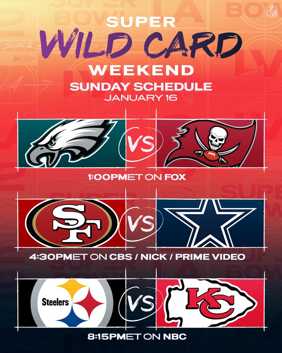 2022 NFL playoff schedule #SuperWildCard

More: bit.ly/PlayoffSchedule 👈