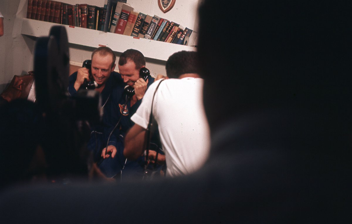 I'm digitizing my late father-in-law's slides. He was part of the Gemini 5 splashdown recovery as a Naval Medical Officer. This photo taken on board the USS Lake Champlain (CVS-39) shows Astronauts Conrad and Cooper talking with President Lyndon Johnson. #NASA