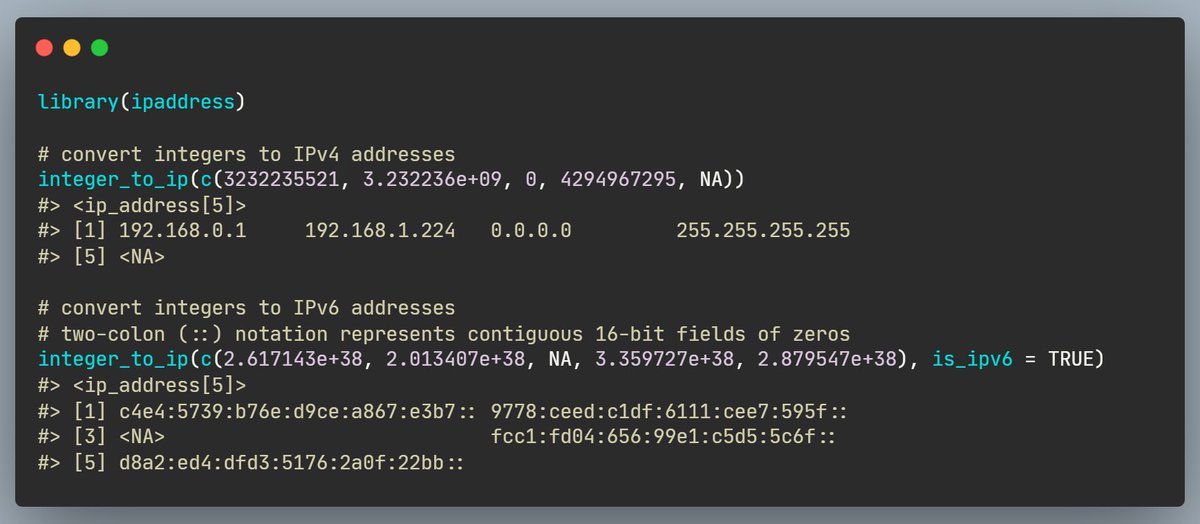 rfunctionaday's tweet image. To save space, IP addresses are often stored as integers, and if we receive such data, we may wish to convert them to the familiar human-readable form.
The {integer_to_ip} function from {ipaddress} 📦 makes this conversion easy! 🕸
davidchall.github.io/ipaddress/refe…
#rstats #DataScience