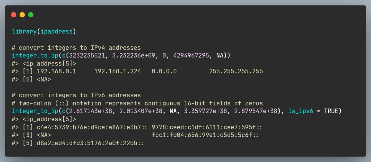 To save space, IP addresses are often stored as integers, and if we receive such data, we may wish to convert them to the familiar human-readable form. The {integer_to_ip} function from {ipaddress} 📦 makes this conversion easy! 🕸 davidchall.github.io/ipaddress/refe… #rstats #DataScience