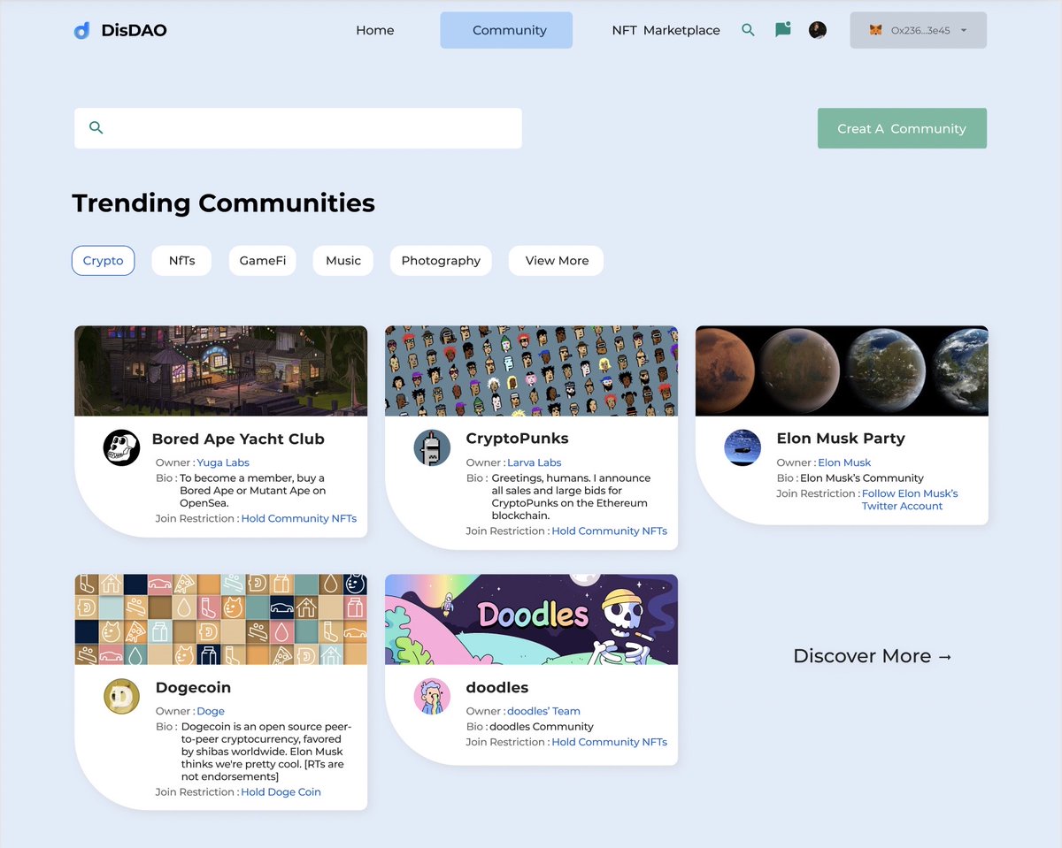 theDisDAO's tweet photo. Here's our brand new DisDAO community platform's sneak peaks, It will launch soon! 
Probably nothing. #Few #WAGMI https://t.co/oecUwYkchw