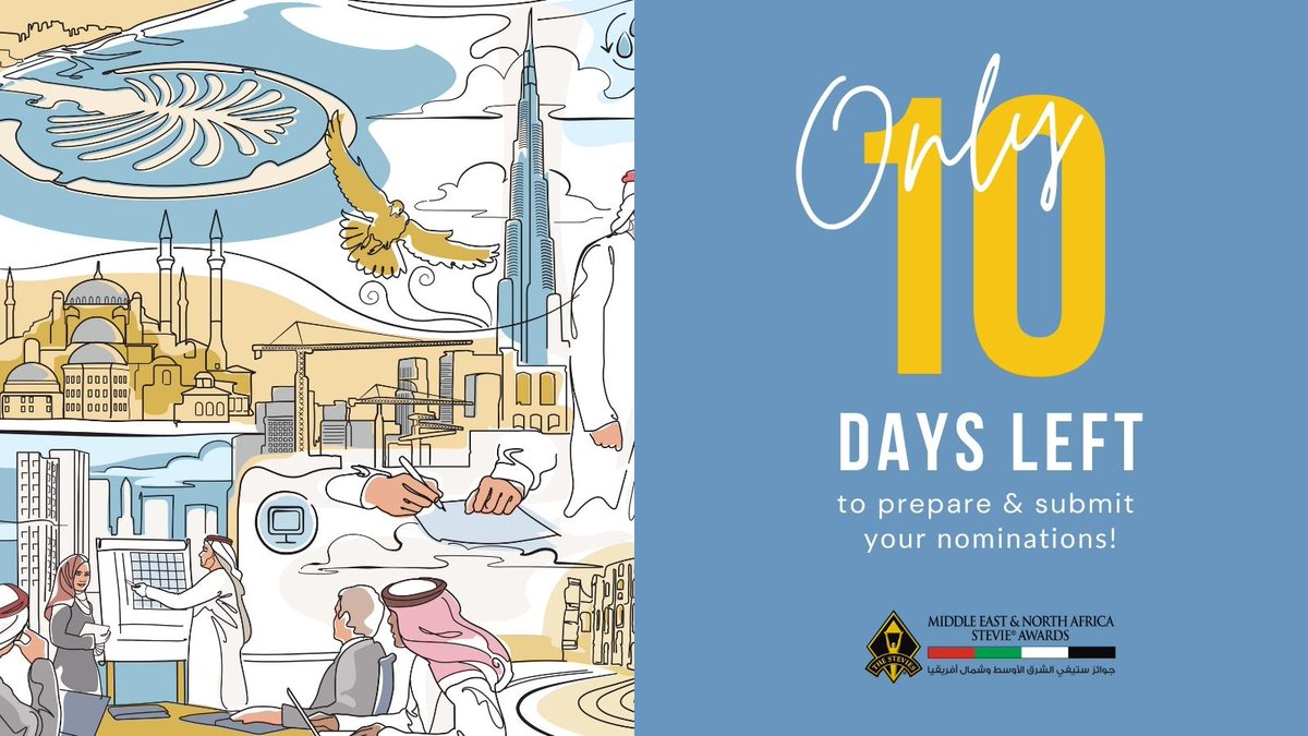 MENAStevies's tweet photo. ⏳10 days left to prepare and submit your nominations for the Middle East & North Africa Stevie Awards 2022!
➡️Apply Today: https://t.co/EcRy7sDk3Z
#StevieAwards #MENASA #MiddleEast #MENAStevies https://t.co/4UCQm15cQ2