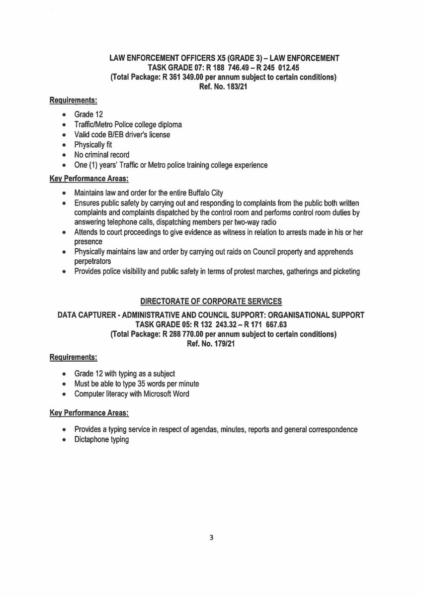 CURRENT VACANCIES IN BUFFALO CITY METRO 

Go to our website by clicking on the link below to access current vacancies in Buffalo City Metro.

buffalocity.gov.za/vacancies_list…