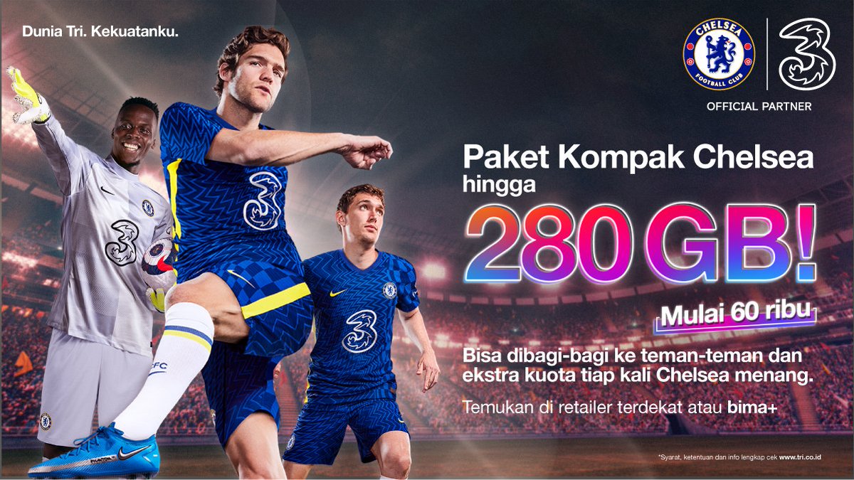 triindonesia's tweet photo. Kawal terus kemenangan Chelsea, ada ekstra kuota melimpah!

Aktifkan Paket Kompak Chelsea kuota hingga 280GB dan bisa dibagikan ke teman-teman, mulai 60 ribu aja.

Di Dunia Tri, #KitaJadiLebih 

Cek : https://t.co/qSMaAgcag2

#TriXChelsea
#DuniaTriKekuatanku
#JaringanLuasDanKuat https://t.co/9gnCcAZoMF