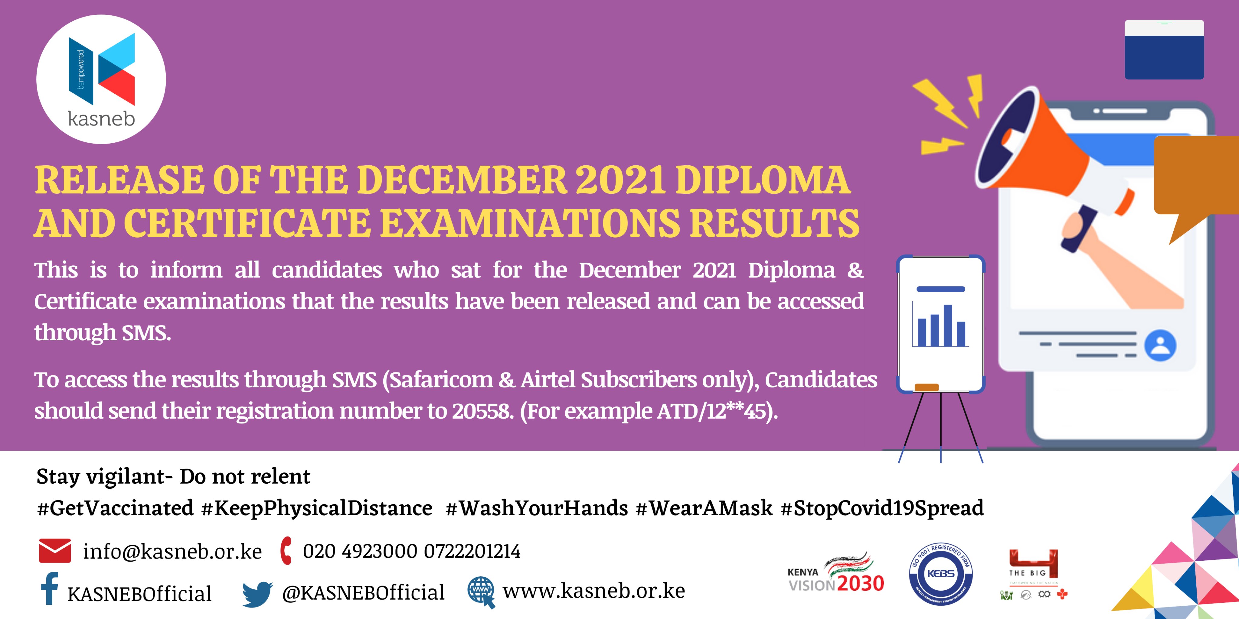 Kasnebofficial This Is To Inform All Candidates Who Sat For The December 21 Diploma Certificate Examinations That The Results Have Been Released And Can Be Accessed Through Sms To