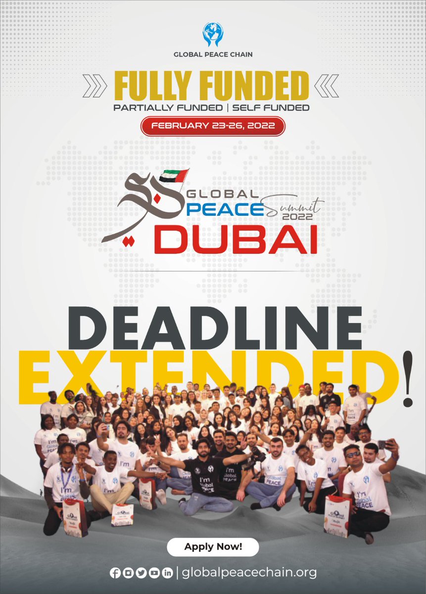 Extending the application deadline till 17th Jan(23:59 USA Time Zone)

Here is the application link,

Bit.ly/GPSDubai

Last date to apply: 
Jan 17th, 2022 at 23:59 USA Time Zone

globalpeacechain.org/gps-dubai-2022/

#GlobalPeaceSummit
#GlobalPeaceSummit_Dubai
#GlobalPeaceChain