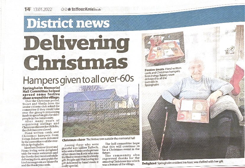 springholmmhall's tweet photo. Lovely article in The Galloway News about the Christmas hampers that were given to residents in the village before Xmas 🎄 thanks to @IrvingsBakery for putting them together at such short notice. #gallowaynews #DandG #Springholm #communityspirit https://t.co/f4ZHILqzHj