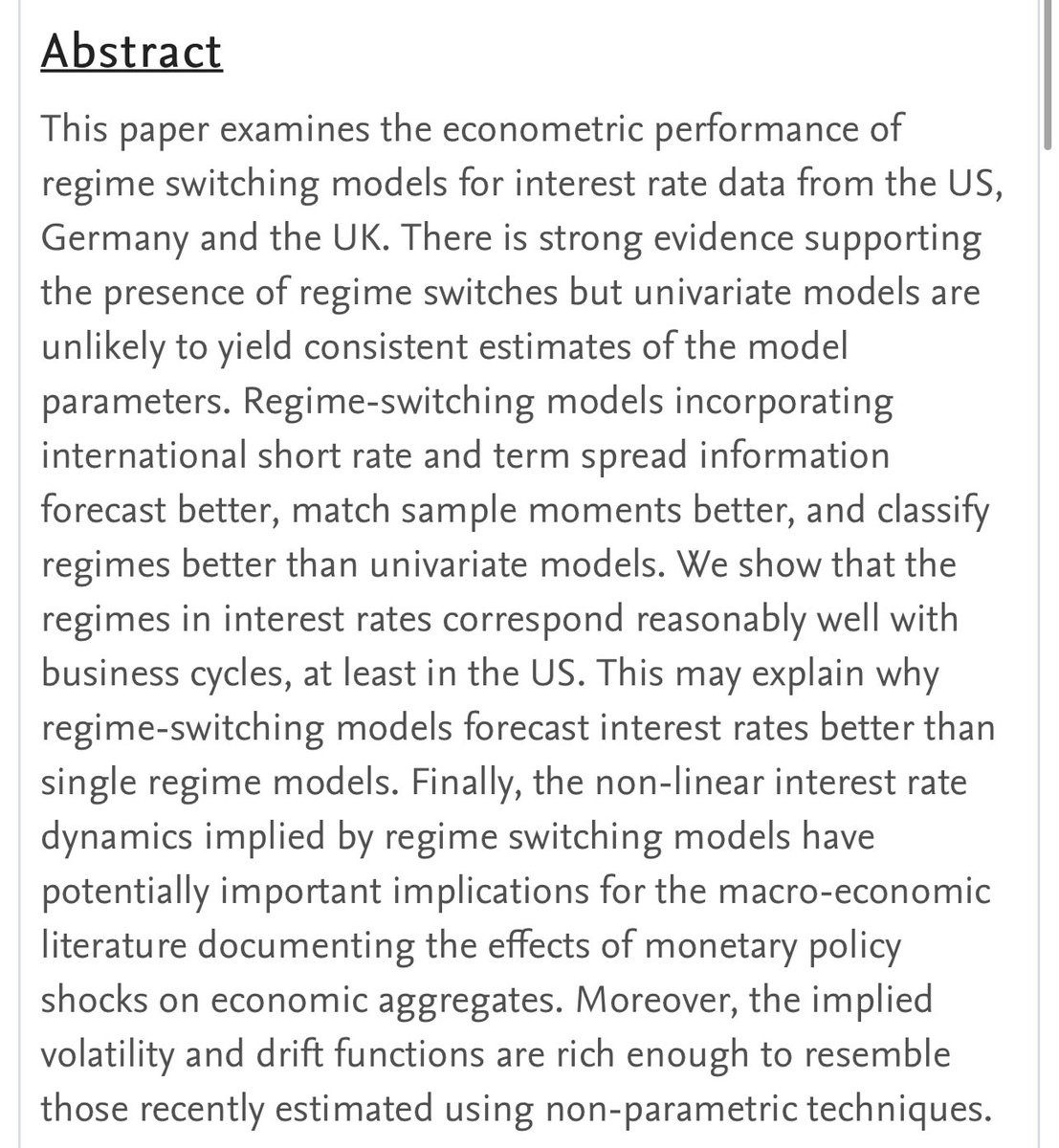 Regime Switches in Interest Rates (1998) https://papers.ssrn.com/sol3/papers.cfm?abstract_id=94012“We show that the regimes in interest rates correspond reasonably well with business cycles, at least in the US.”