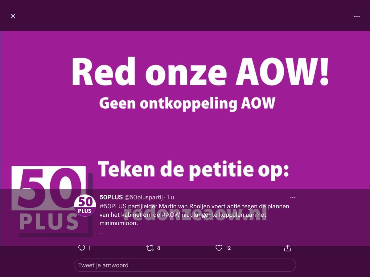MvRooijen's tweet photo. .@ADnl Teken de petitie van 50PLUS voor behoud van AOWKoppeling
Het is een #WETTELIJKRECHT dat al 45 jr bestaat. AFPAKKEN van 7,5% hogere AOW betekent bij wijze van spreken: 1 maand AOW.
A-sociaal en schandalig. Ouderen hebben er 45 jr hard voor gewerkt en premie betaald https://t.co/ldiUVOQOSG