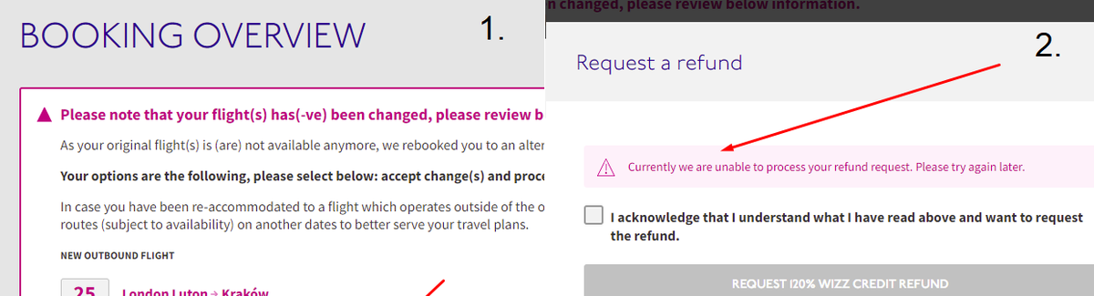 ShieldsIan's tweet photo. Not sure if its intentional or a genuine website bug, but seems a bit suspicious that when I opt for a refund from @wizzair after they changed my flight time (again) I get an error...how can I apply for a refund? #wizzair #complaints #customerservice #airline @UK_CAA @BBCWatchdog https://t.co/lveEUl2Y1Y