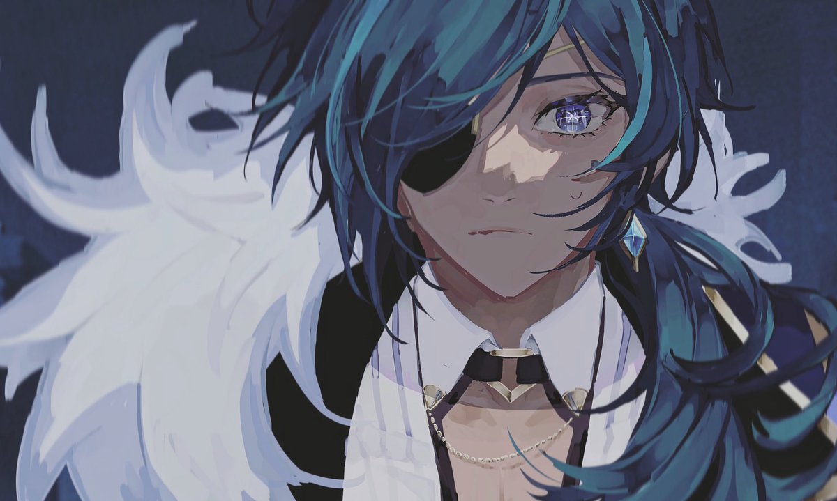 kaeya (genshin impact) 1boy male focus blue hair solo jewelry eyepatch blue eyes  illustration images