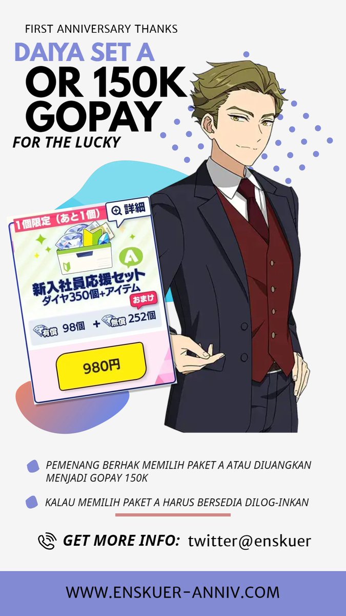 【 Giveaway with #GKTajir 】

Enskuer’s first anniversary giveaway. Berhadiah Beginner’s Pack A atau GoPay 150k untuk 2 pemenang ✨

To enter :
• Must be following <a href="/enskuer/">Seiya.</a>
• Like &amp; RT
• RP &amp; NonRP can join. NO giveaway acc
• 🇲🇨 only

End : 19 Januari. Good luck anak-anak!