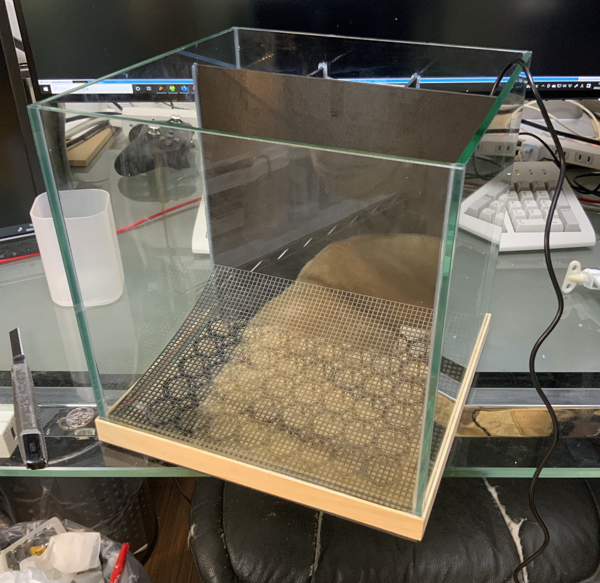 ななこ ダークサイド 25cmキューブを買ったので 底面 背面濾過水槽の製作した 只今シリコンシーラントが固まって水漏れしなことの確認完了 木枠は思いつきだけど 接地面のガラス保護と底面フィルター構造材の目隠し兼ねたもの 背面仕切り手を