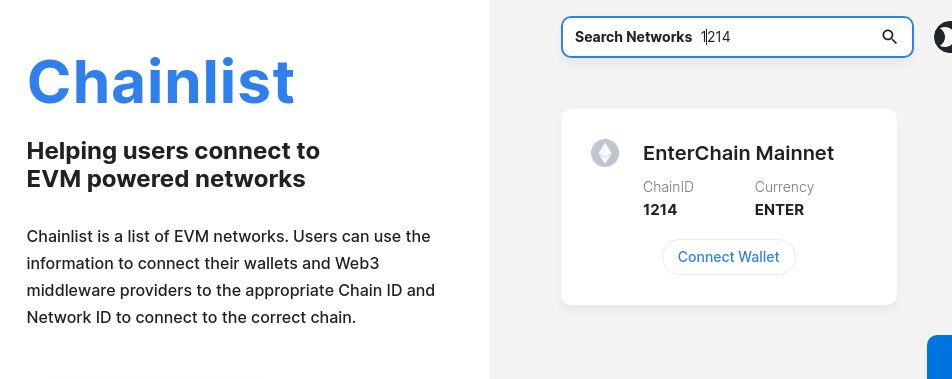 EnterCoin blockchain is officially listed as one of the recognized blockchain networks on chainlist.org