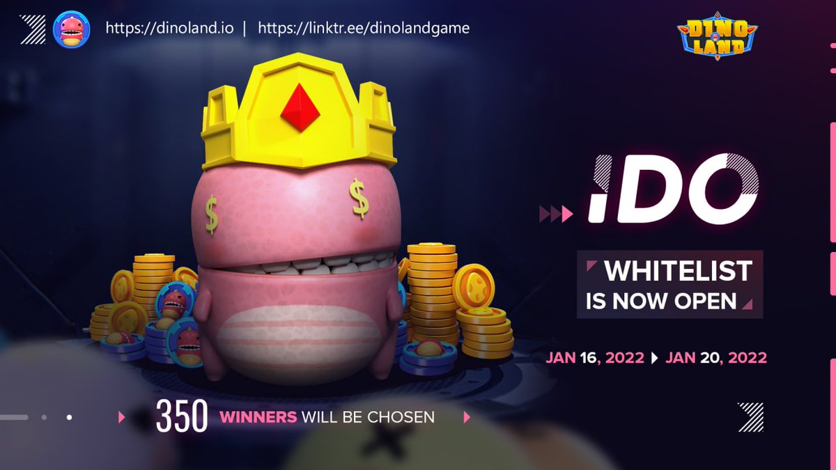 BluewheelC's tweet photo. 🎉 DINOLAND WHITELIST IS NOW COMING 🎉

🥳 20 TOP WINNERS and 330 slots RANDOM in Whitelist

⌛️Time:
Start: Jan 16, 2022
End: Jan 20, 2022
Whitelist Announcement: Jan 20, 2022
Start sales: Jan 21, 2022

Tag 3 friends and join: https://t.co/yio7jIdAAB

#Dinoland #IDO #BSC #wl https://t.co/nLZTz2Z4PV
