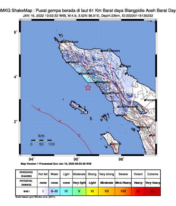 Gempa Mag:4.9, 16-Jan-22 13:52:32 WIB, Lok:3.52 LU, 96.51 BT (Pusat gempa berada di laut 61 Km Barat daya Blangpidie Aceh Barat Daya), Kedlmn:23 Km Dirasakan (MMI) II-III Nagan Raya. via <a href="/infoBMKG/">BMKG</a>