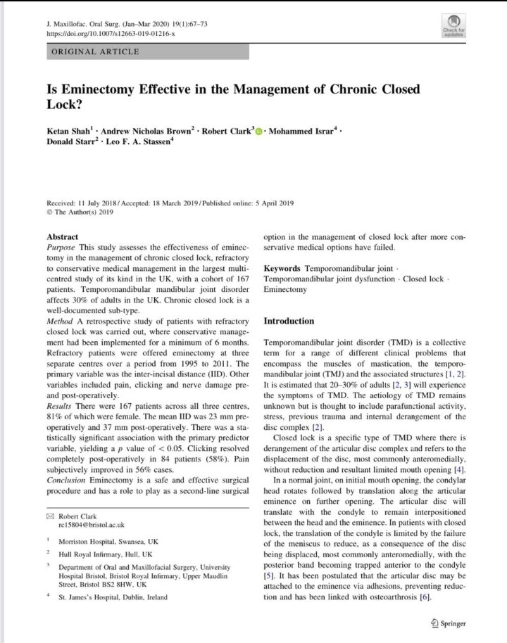 JMOS_Official's tweet photo. Research update -2: 
Sharing an #openaccess article Title: Is eminectomy effective in chronic closed lock? 
Shah Ketan et al. Morriston Hospital, UK
Download link: https://t.co/q8KE63iMPl
Happy reading 
Editor JMOS @aomsiOfficial @surgamit https://t.co/plWVggngBo
