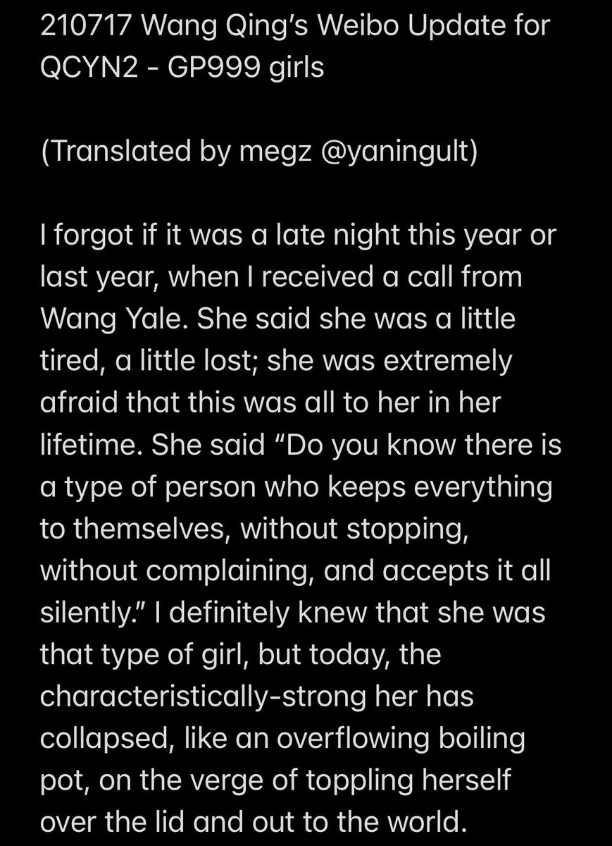 yaningult's tweet photo. 210717 #wangqing (#qcyn2) weibo update for qcyn2-gp999 girls (w/ #fuyaning)
“I forgot if it was a late night this year or last year, when I received a call from Wang Yale.”
“I hope Xu Ziyin, Xia Yan, Fu Yaning etc teachers can continue to chase their dreams courageously.” https://t.co/nzYLxbGiS4