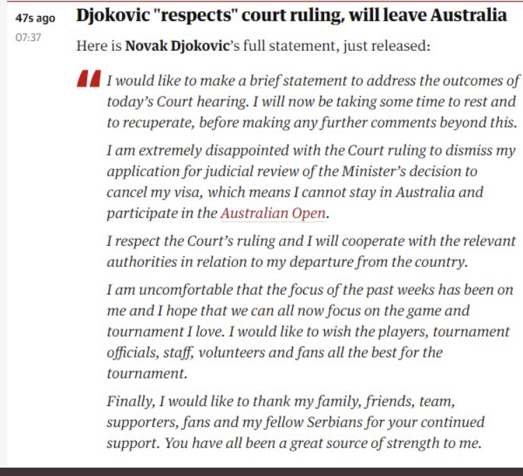 ozmo_sasa's tweet photo. #Djokovic statement - taking time to rest, disappointed with the ruling, respects it. Also “I hope that we can all now focus on the game and the tournament I love”.  👇🏻 https://t.co/ClhzCuqbt1