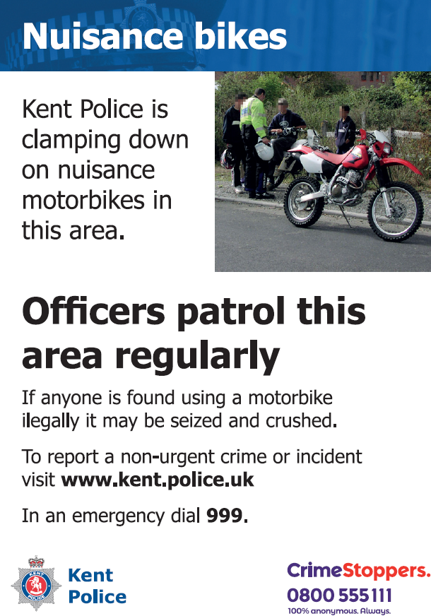 KentPoliceAsh's tweet photo. Following reports of nuisance #vehicles in #Bethersden & #Charing I would like to highlight that #motorbikes being ridden carelessly on roads, pavements and in other places cause disturbance and are dangerous.
Please report any such incidents to #KentPolice (online/101/999). LL https://t.co/wkjUjFjpFn