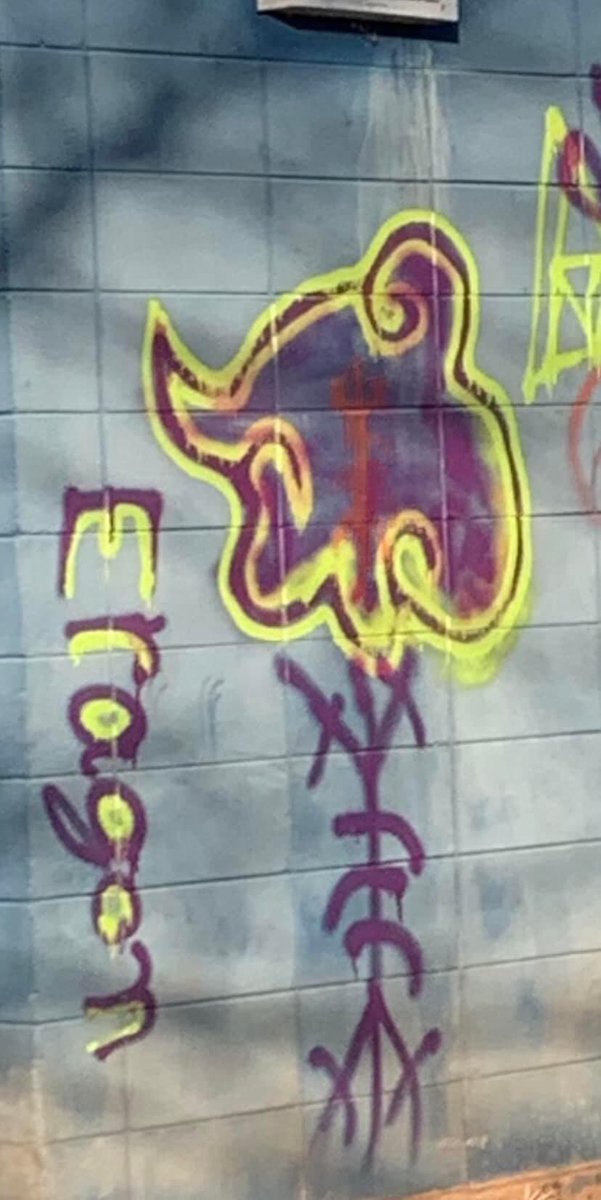 aw_skywalker27's tweet photo. So ugh.. this showed up in a local #ballpark in my town. Does anyone recognize any of the #symbols, or the words written? It’s kinda creepy. Got some kind of #NatchitochesZodiac #cipher #zodiac https://t.co/t8ExuRr5FT