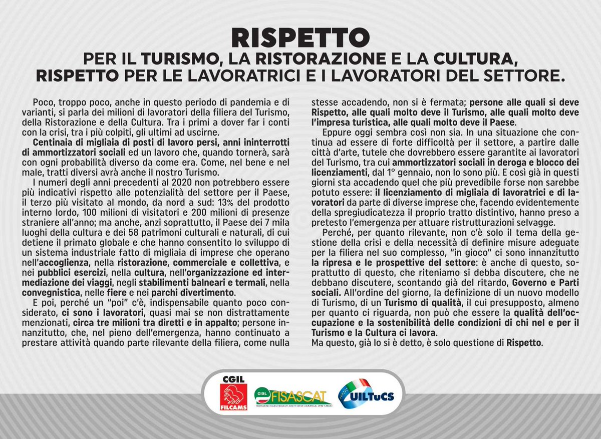 ⚠ Posti di lavoro persi e un'emergenza che non si ferma. In queste condizioni sono costretti a operare i lavoratori e le lavoratrici del #turismo. 
Oggi abbiamo dato voce a loro sul Corriere della Sera e su La Repubblica. 🗞 
La #Uiltucs chiede rispetto.