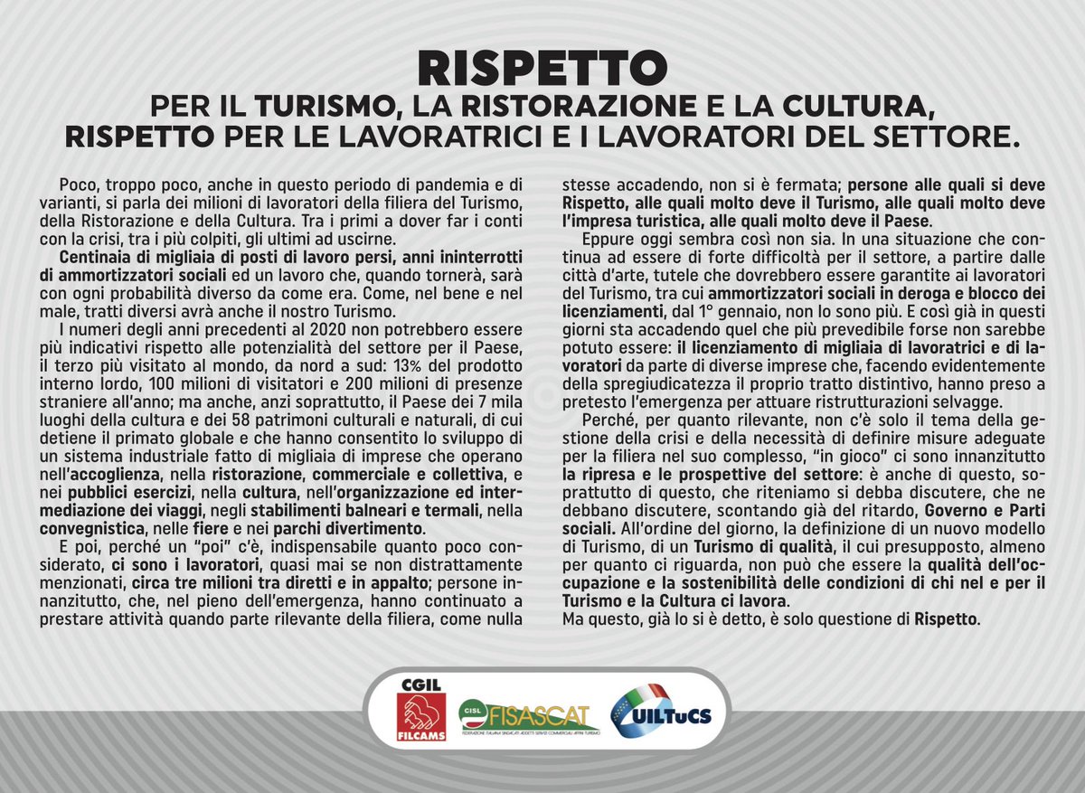 FisascatCisl75's tweet photo. 🔴🟢🔵 Poco, troppo poco, anche in questo periodo di pandemia e di varianti, si parla dei milioni di lavoratori della filiera del #Turismo, della #Ristorazione e della #Cultura. Tra i primi a dover fare i conti con la crisi, tra i più colpiti, gli ultimi ad uscirne. 
#RISPETTO! https://t.co/0XqsvPf2IC