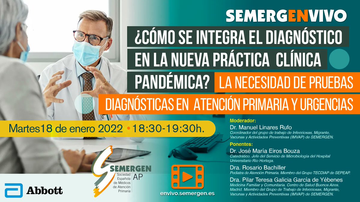 18 Enero a las 18:30 desde envivo.semergen.es
🤔 ¿Cómo se integra el diagnóstico en la nueva práctica clínica pandémica?
💻 Participan en webinar en ABIERTO y sin registro, los doctores: Manuel Linares , Jose María Eiros, Rosario Bachiller y Pilar Teresa Galicia