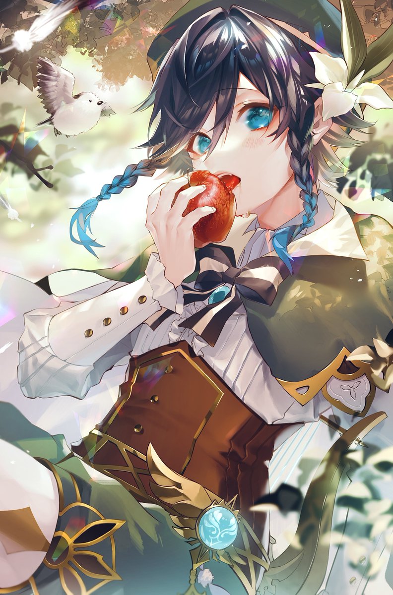 venti (genshin impact) 1boy food male focus fruit apple gradient hair hat  illustration images