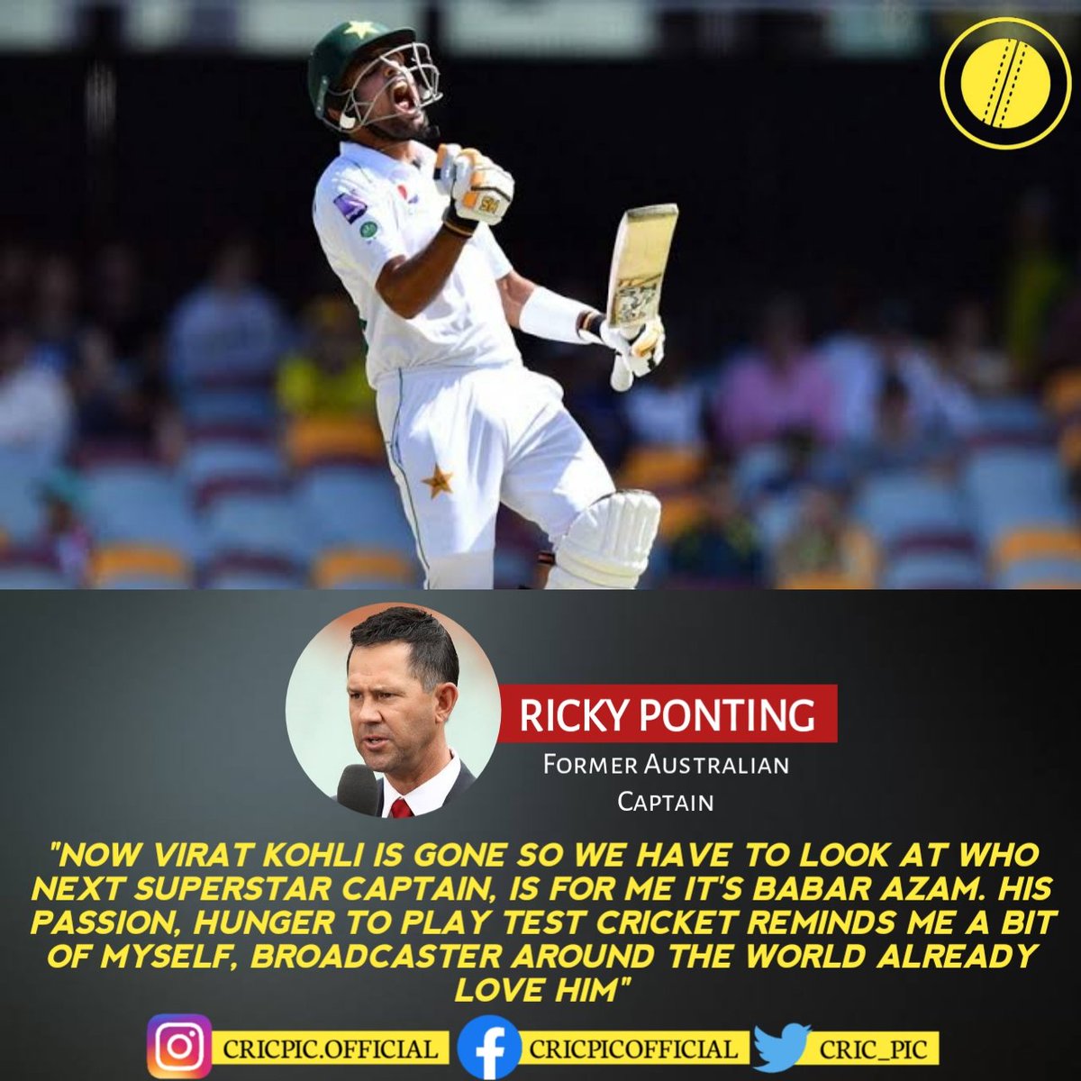 cric_pic's tweet photo. Former legendary Australian captain Ricky Ponying wants Babar Azam to become the next aggressive Test captain after Virat Kohli's resign from Test captaincy.
Do You Agree with Ponting?
#BabarAzam #RickyPonting #BestTestCaptain #CricPic https://t.co/C6rTRd7etP