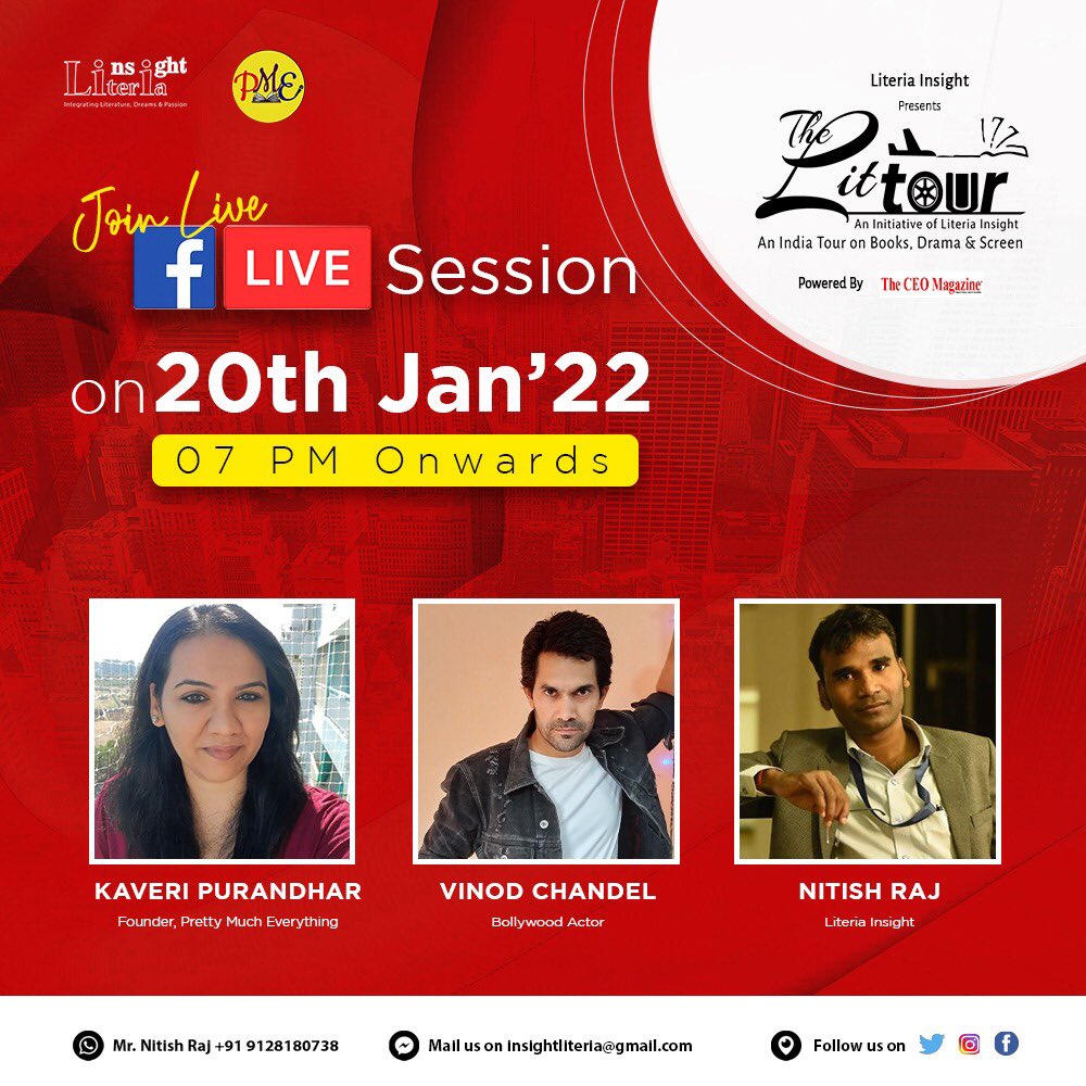 InsightLiteria's tweet photo. Literia Insight feels great to announce the next Talk under The LIT Tour with Bollywood Actor Vinod Chandel, Kaveri Purandhar (Founder, Preety Much Everything) and our Co-Founder Nitish Raj @LoveScribblee
#literiainsight #thelittour #indiatour #indiatour2022 https://t.co/LoeWR2RjsW