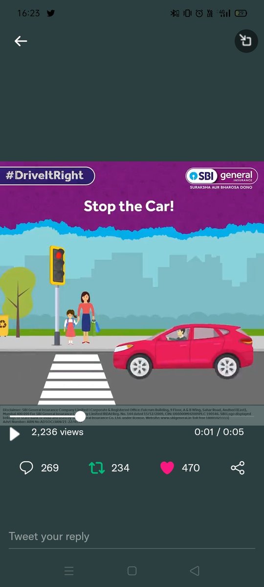 ashwatnandagaw1's tweet photo. Here is my perfect screenshot of 'Road Safety 101'
Stop the car before Zebra crossing !
#RoadSafetyWeek2022 #DriveItRight #SBIGeneral
@sbigeneral
Join @RajeshHegdeBlr
@cool_bindra
@pank_10
@GopiDevi11
@Dinesh_the_star https://t.co/b9QLTyOhCR