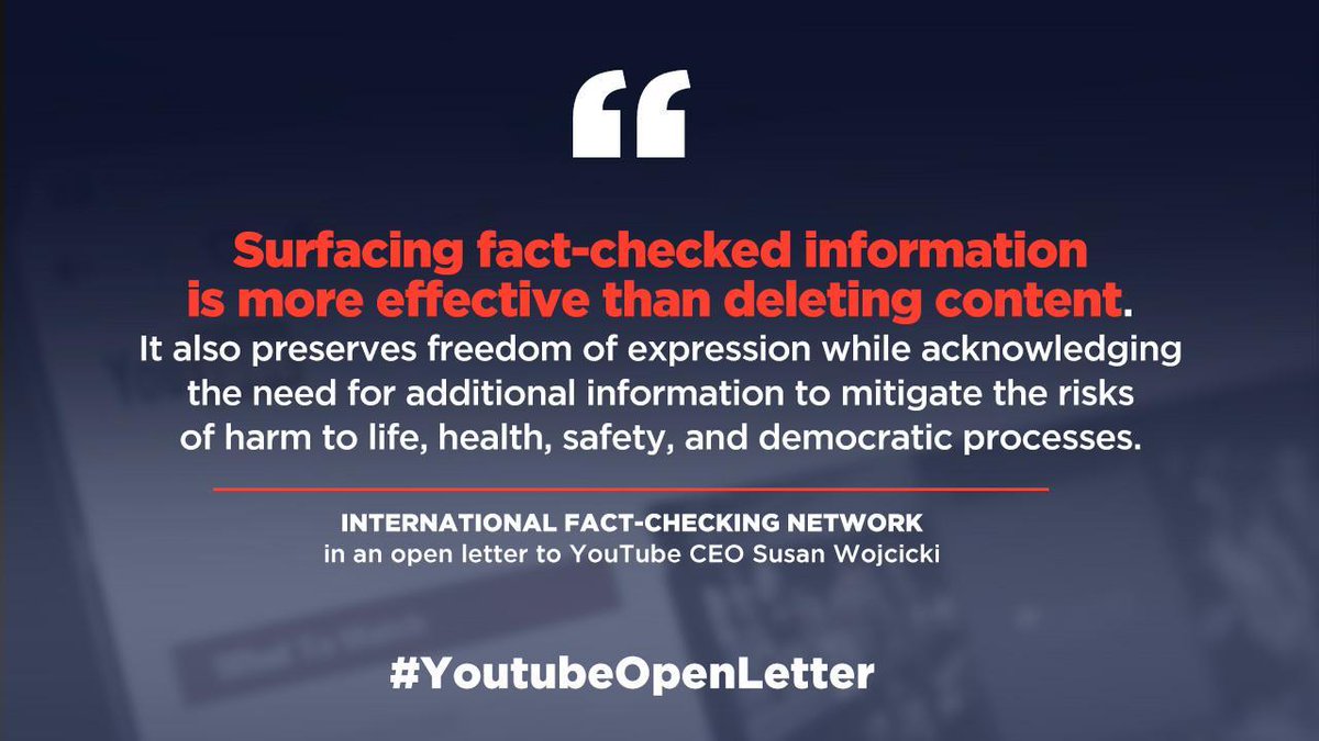 rapplerdotcom's tweet photo. Youtube's platform has so far framed discussions about disinformation as a false dichotomy of deleting or not deleting content. By doing this, YouTube is avoiding the possibility of doing what has been proven to work. #YoutubeOpenLetter @factchecknet
https://t.co/4KUQOzQaJe https://t.co/3w2BS92qWR
